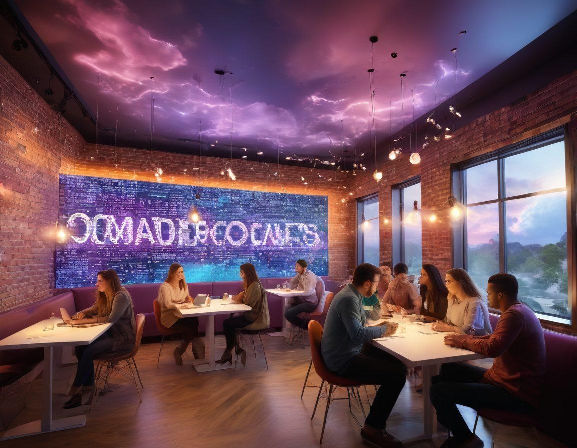 A diverse group of bloggers sitting in a vibrant digital café, passionately discussing ideas and sharing feedback. Each person is surrounded by floating text and images representing their thoughts, with glowing light bulbs symbolizing innovation overhead. The background features flowing binary code and colorful clouds of creativity. super-realistic. vibrant colors. dynamic composition.