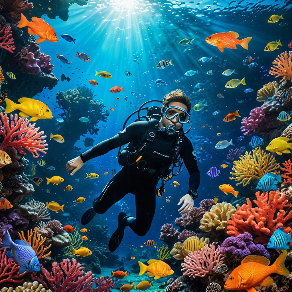 A deep underwater scene depicting a diver surrounded by mesmerizing corals and colorful fish, with thought bubbles emerging, filled with words and phrases symbolizing deep thoughts and narratives. The sunlight filters through the water, illuminating the diver's curious expression. The background showcases an enchanting abyss, hinting at the vastness of thought exploration. super-realistic. vibrant colors. 3D.